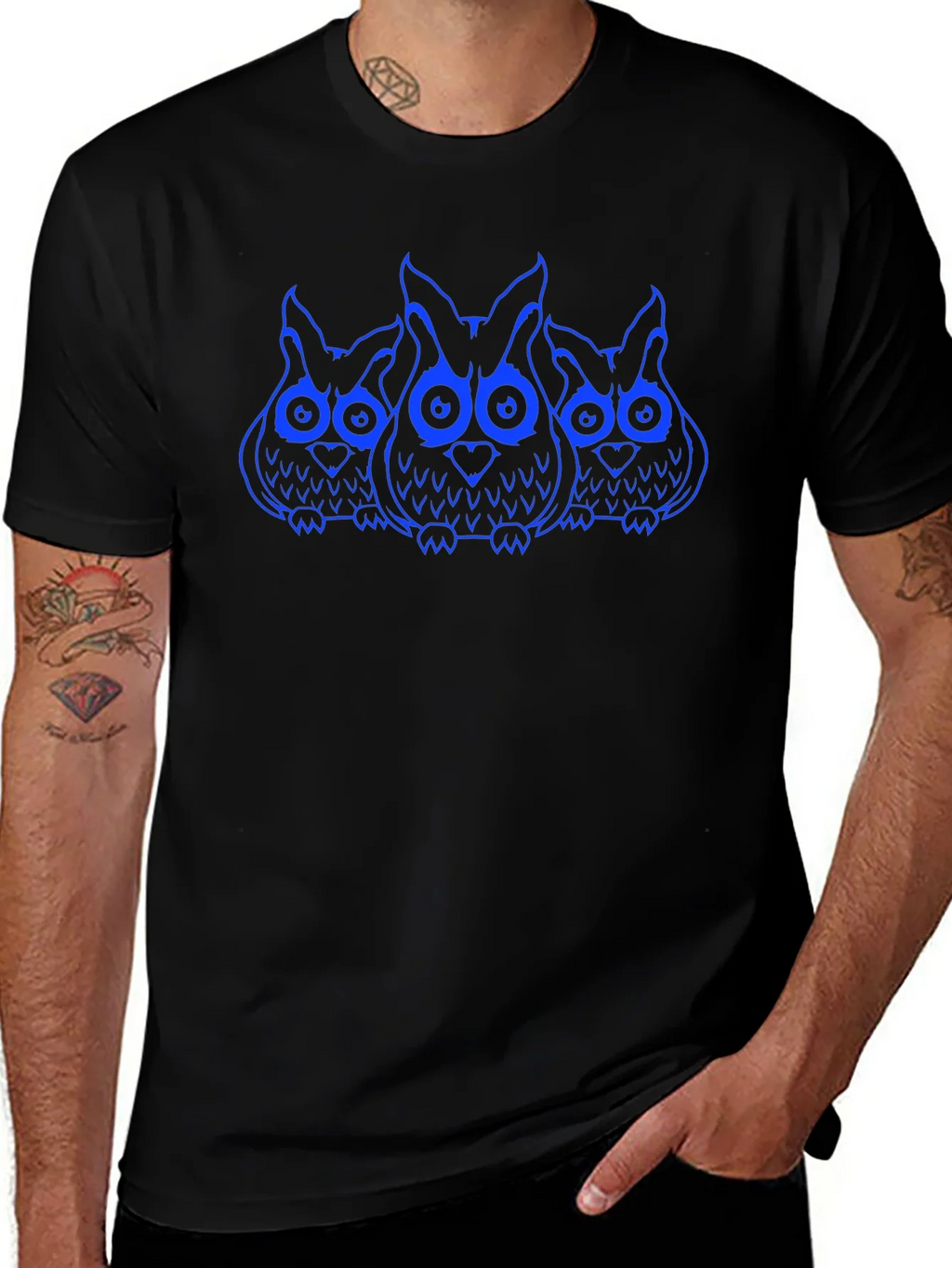 Owl Trio Graphic Print T-Shirt - Black