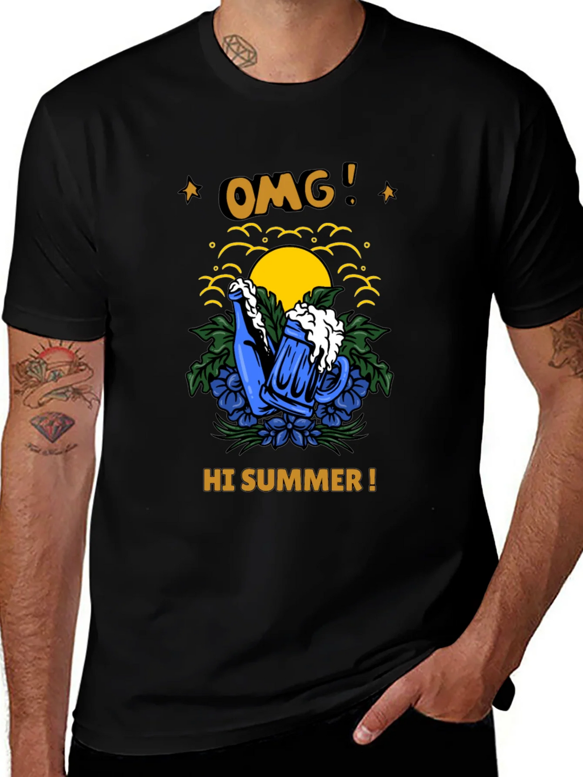 OMG! Hi Summer T-Shirt - Beer Mug & Sunset Graphic Tee