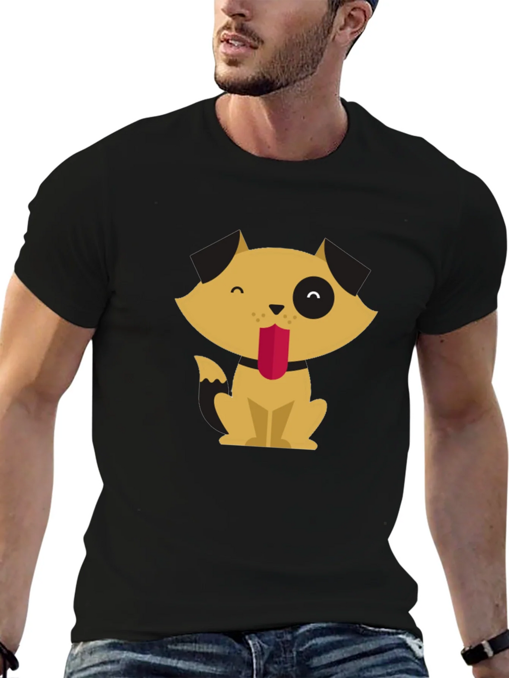 Cute Cartoon Dog Graphic Tee - Black