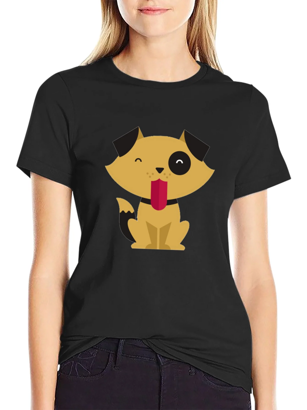 Cute Cartoon Dog Graphic Tee - Black